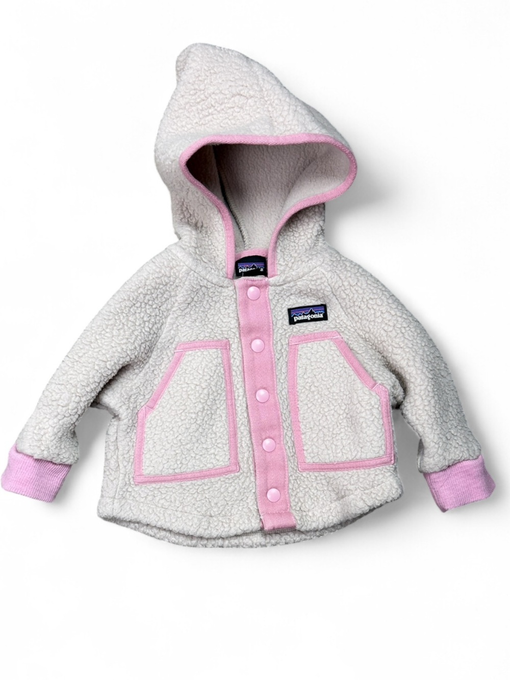 Patagonia Cream Sherpa Hoodie with Pink Accents